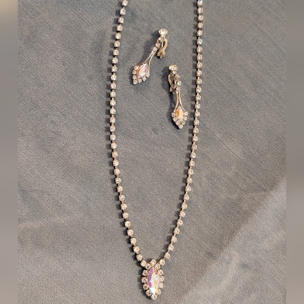 Vintage Silver Plate Iridescent Rhinestone Necklace & Clip On Dangling Earrings
